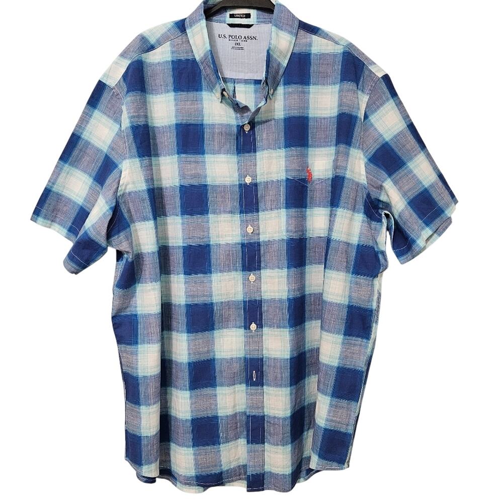 U.S. Polo Assn Blue White Plaid Short Sleeve Button Front Shirt 2XL Preppy Mens